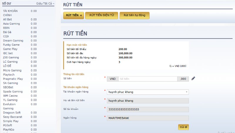 Điền thông tin nhất gửi đi với lệnh rút tiền qua ngân hàng